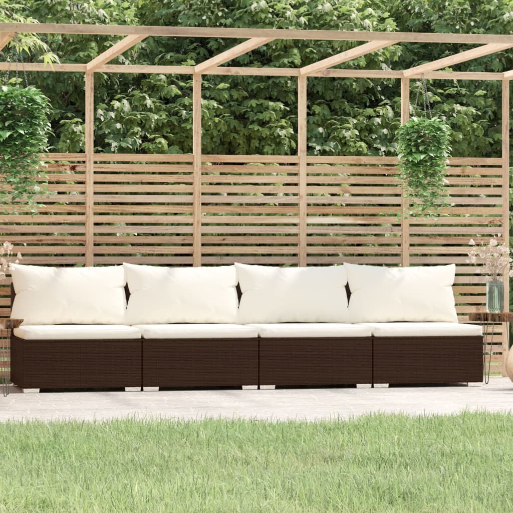 Sofa Med Hynder Polyrattan Brun Cremefarvet