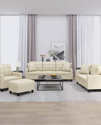 Sofasæt Med Lænestol Personers Sofa Samt Fodskammel Kunstlæder Cremefarvet Inkl Puder