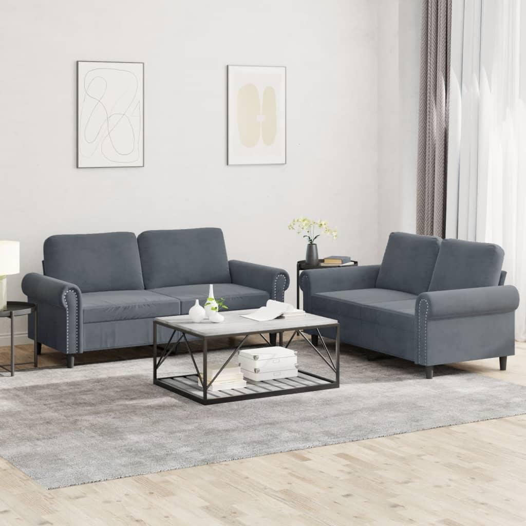 Sofasæt Velour Personers Sofa Med Hynder Mørkegrå