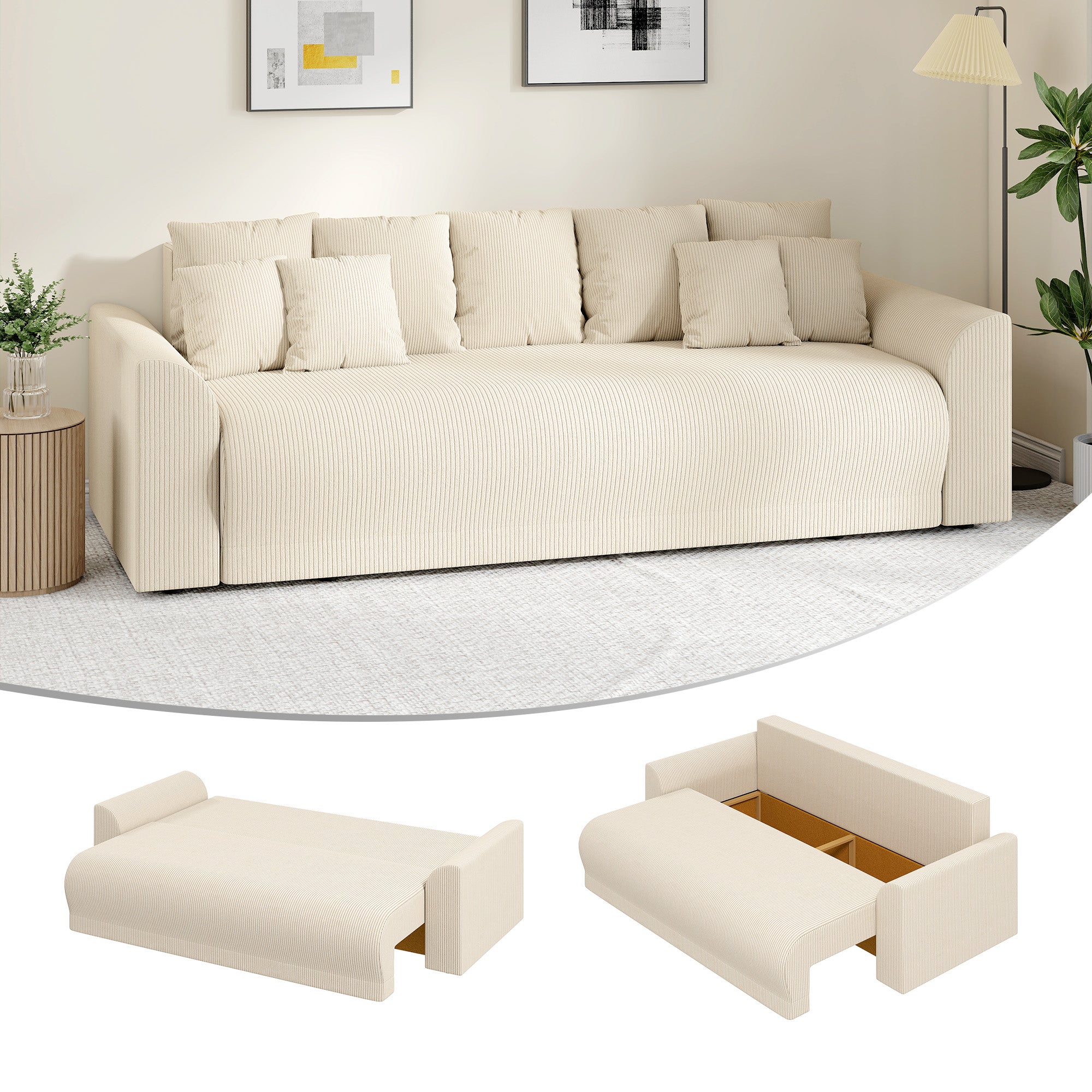 Sovesofa 230 Personers Sofa Med Sovefunktion Hynder Opbevaringsplads Corduroy Look Til Stuen Beige